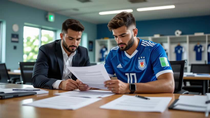Jugador de fútbol guatemalteco revisando contrato legal en vestuario de estadio en Paramaribo