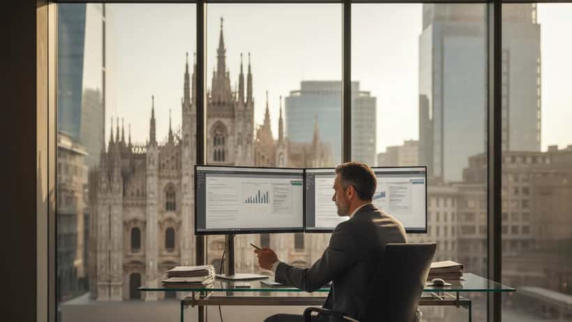 Consulente finanziario italiano esamina documenti export nel suo ufficio a Milano