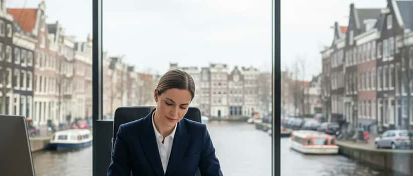 Nederlandse advocaat die rechtbankdocumenten bestudeert in een modern kantoor