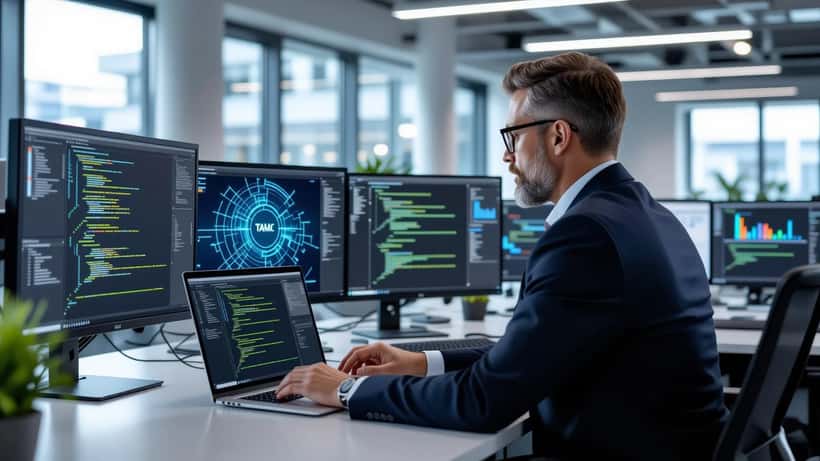 IT manager reviewing AI interface on laptop in modern London office