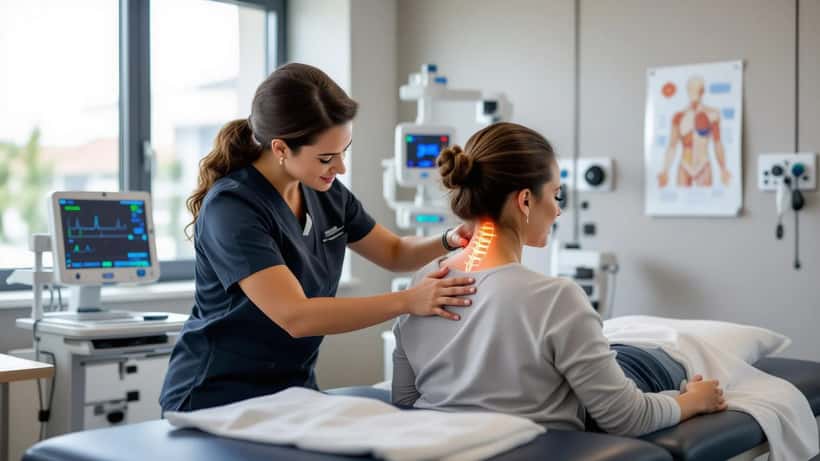 Fisioterapeuta examinando coluna cervical de paciente após acidente de viação em clínica de reabilitação