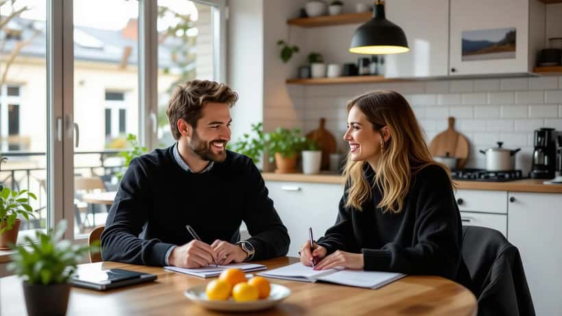 Couple français consultant des documents de prêt immobilier avec leur bébé à Paris