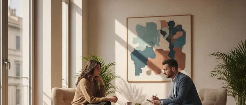 Donna italiana in seduta di psicoterapia, seduta di fronte a uno psicologo clinico in un ufficio professionale caldo, espressione riflessiva