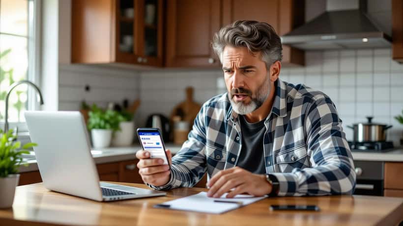 Hombre hispano mirando alarmado su teléfono con una alerta de fraude bancario en la pantalla