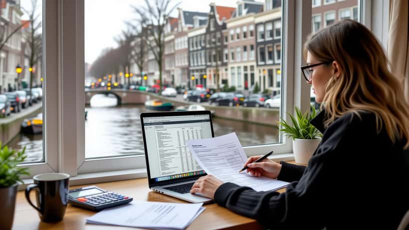 Nederlandse zzp'er bekijkt belastingdocumenten en vakantiegeld berekening thuis