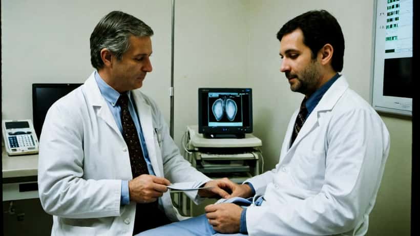 Neurólogo revisando resultados de electromiografía con paciente en consulta hospitalaria