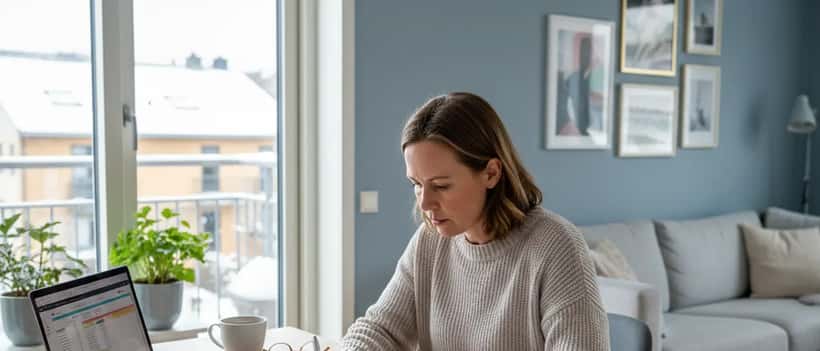 Dansker gennemgår skattepapierer og årsopgørelse ved hjemmekontor med laptop