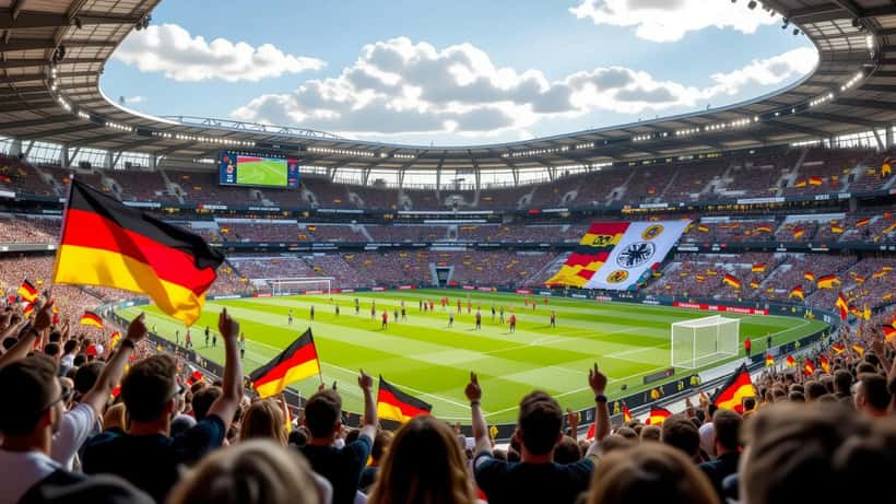 Duitse en Ecuadoriaanse supporters juichen in een stadion tijdens de oefeninterland van 2026
