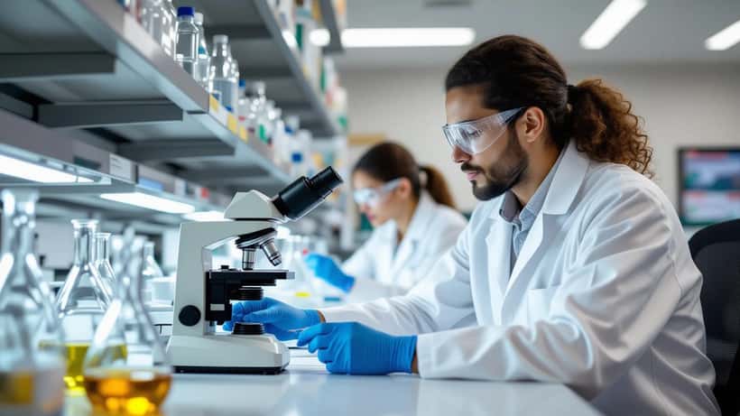 Toxicologista examinando frutas e hortaliças em laboratório de análise alimentar no Brasil, 2026