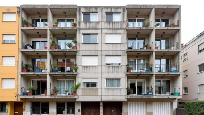 Fachada de edifício residencial de oito andares no Seixal, zona de Corroios, com varandas e guarda-corpos