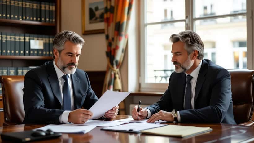 Homme examinant un contrat de mandat de représentation dans un bureau de notaire parisien