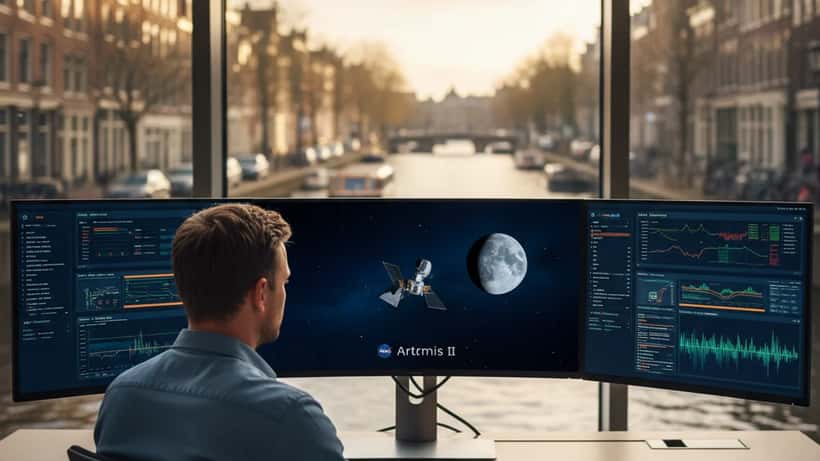 IT-specialist in Amsterdams kantoor kijkt naar Artemis II livestream op meerdere schermen