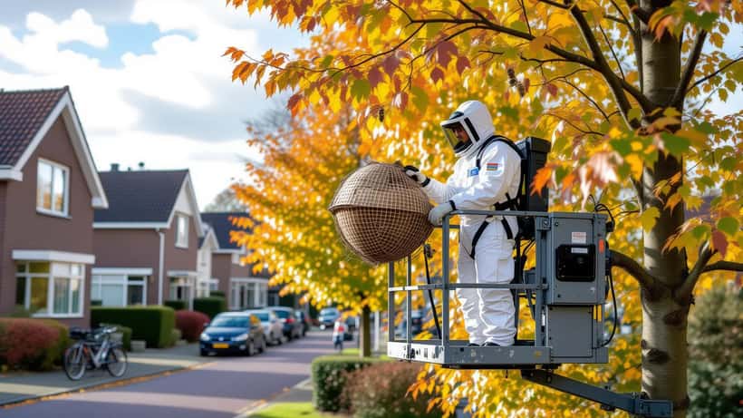 Bestrijder in beschermpak inspecteert een groot hoornaarsnest hoog in een boom in een Nederlandse woonwijk