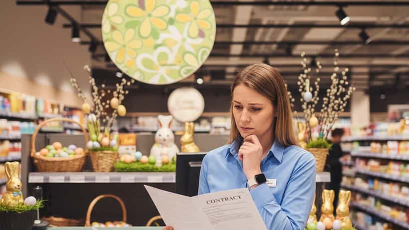 Österreichische Supermarktmitarbeiterin in Wien prüft ihren Arbeitsvertrag mit Osterdekorationen im Hintergrund