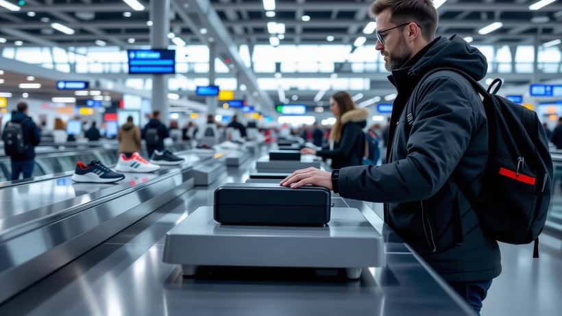 Reisender am Flughafen-Sicherheitscheck legt Powerbank in Screening-Tablett
