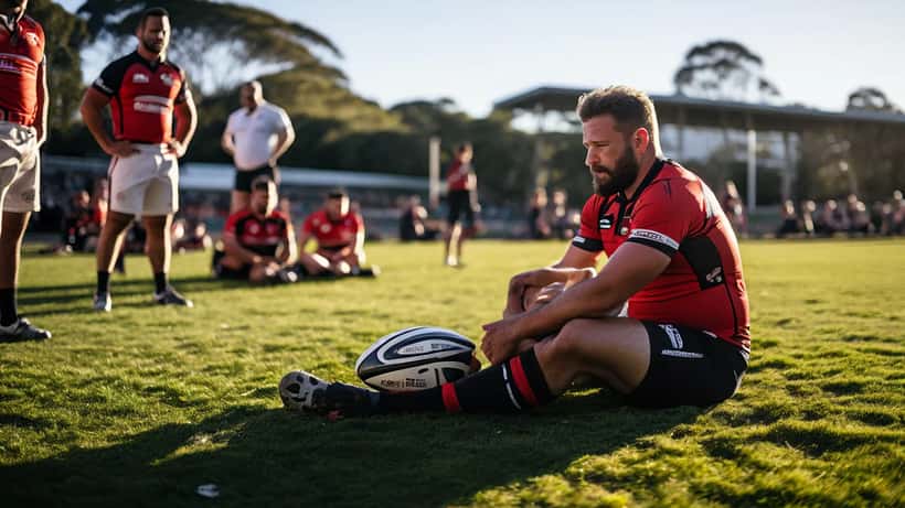 Rugby league player on the ground with a knee injury being assessed by a sports trainer on an Australian oval