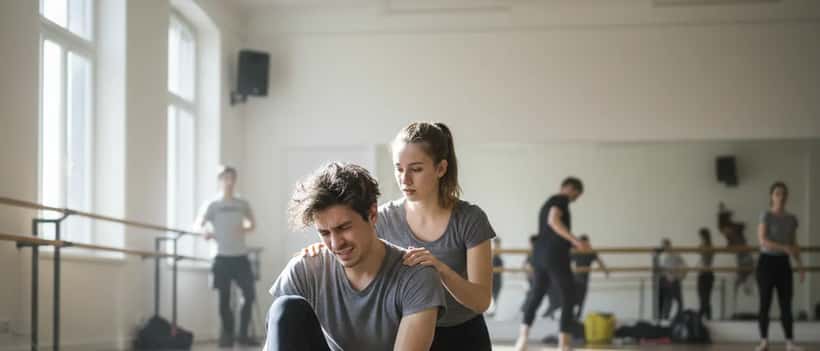 Jeune danseur amateur tenant sa cheville blessée dans un studio de danse