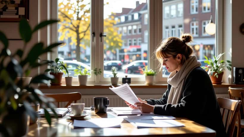 Café-ejer gennemgår KODA-dokumenter og musiklicens på cafédisk med Bluetooth-højttaler, København 2026