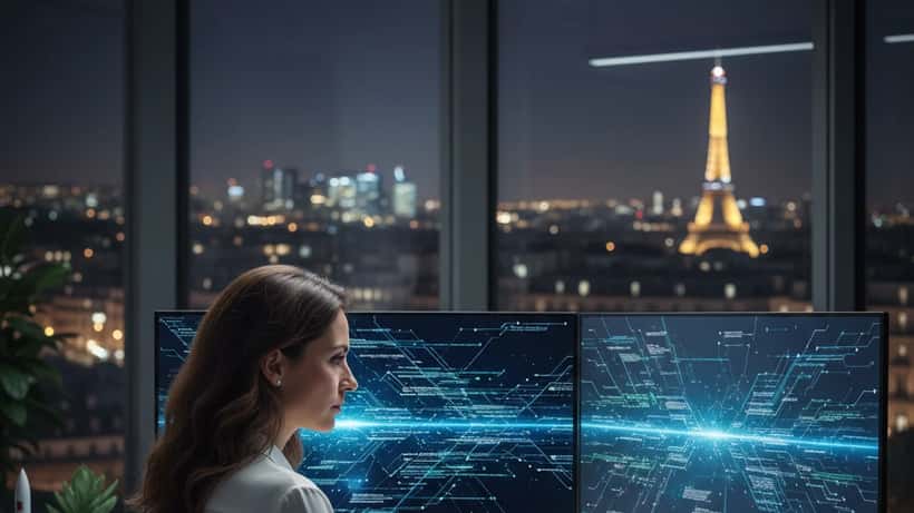 Consultante en cybersécurité travaillant sur des données chiffrées dans un bureau parisien la nuit