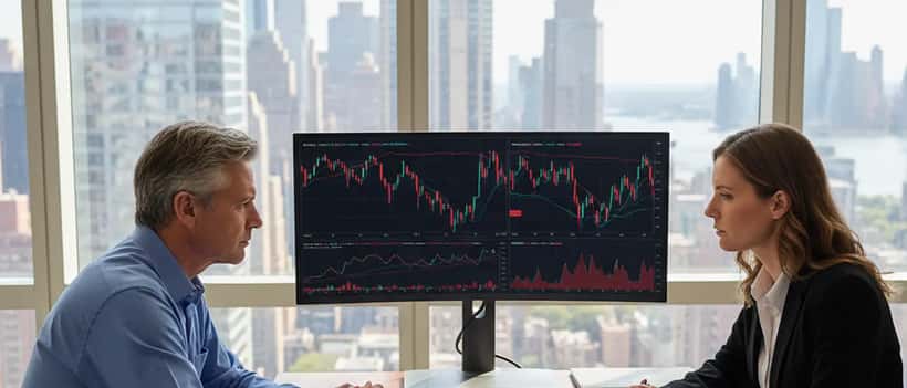 American investor reviewing stock market charts with financial advisor in New York
