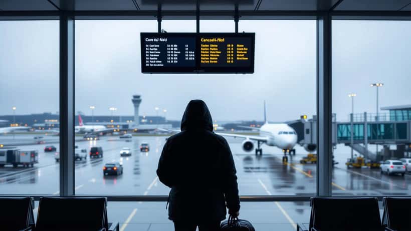 Traveller watching a storm through an airport window beside a cancelled-flight board