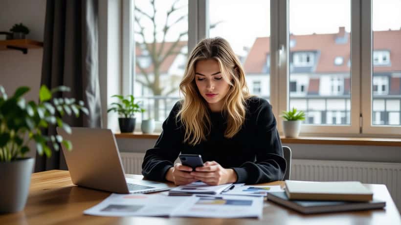 Ung dansk kvinde sidder ved køkkenbordet og ser bekymret på sin telefon med universitetspjecer og bøger foran sig