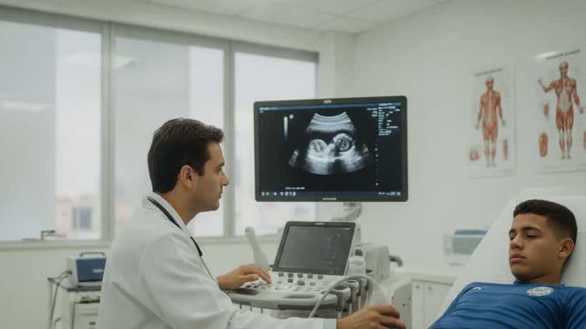 Médico do esporte realizando ultrassom em jogador de futebol — medicina esportiva e Copa do Mundo 2026