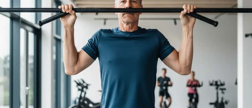 Mann über 50 beim Krafttraining im Fitnessstudio, konzentrierter Blick, natürliches Licht