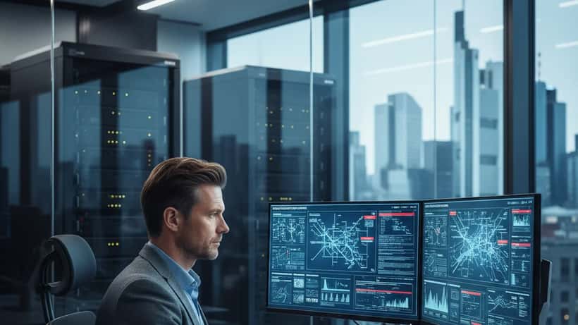 IT-Sicherheitsexperte in Frankfurt überprüft Sicherheitsdashboards nach Iran-Konflikt