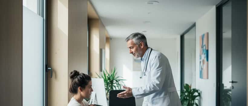 Médecin généraliste parlant à un parent inquiet dans une clinique moderne à la lumière naturelle