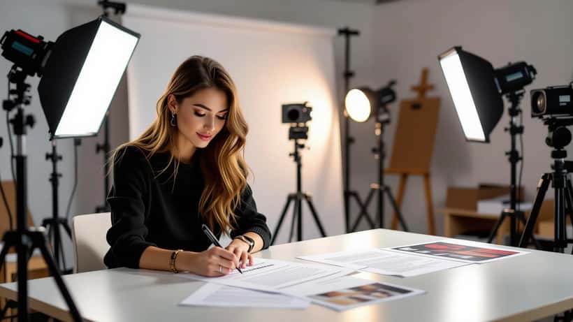 Model unterschreibt einen Modelvertrag in einem Fotostudio