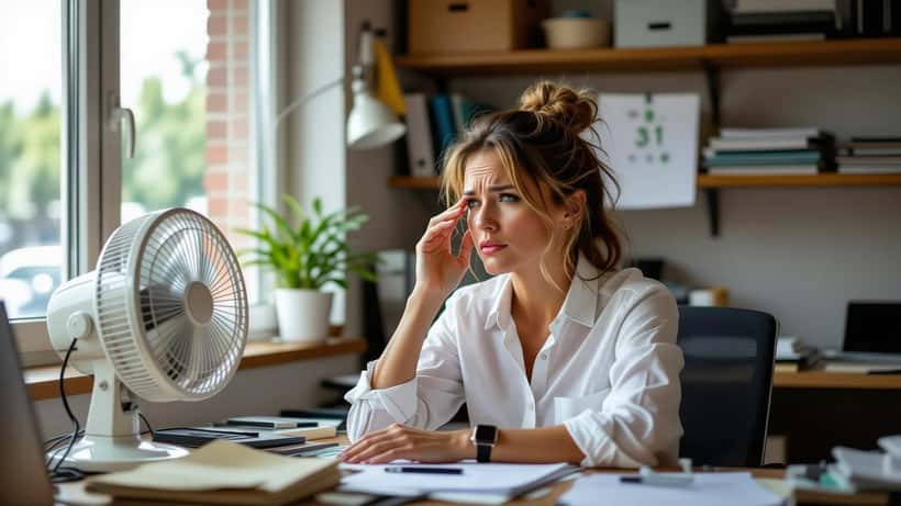 Svett norsk arbeidstaker ved skrivebord i varmt kontor uten klimaanlegg under hetebølgen sommeren 2026