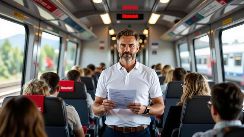 Passagier im ÖBB Railjet steht im Aisle und zeigt auf seinen reservierten besetzten Sitzplatz