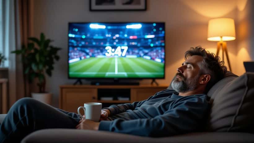 Australian man watching football on TV late at night showing exhaustion and sports-induced stress