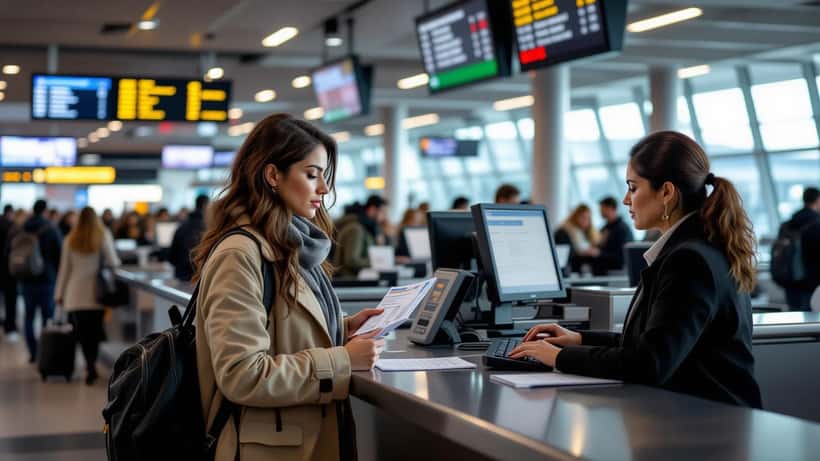 Pasajera frustrada en mostrador de aeropuerto con señal de vuelo sobrevendido