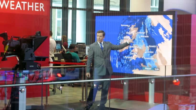 BBC Broadcasting House newsroom with presenters and camera equipment