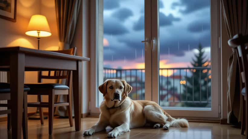 Ängstlicher Hund versteckt sich unter Tisch während Gewitter in Österreich