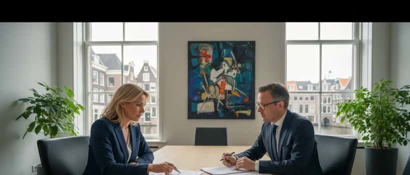 Nederlandse vrouw van eind 40 tegenover een notaris in een modern Amsterdams kantoor, erfenisdocumenten bespreken