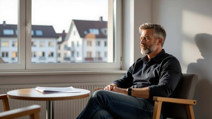 Ehemaliger Fußballprofi sitzt nachdenklich in einem Münchner Therapiewarteraum, Beratungsunterlagen auf dem Tisch vor ihm