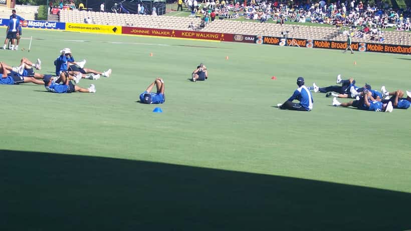 Indian cricket players warming up before the historic India vs Japan T20I match at Sano International Cricket Ground 2026