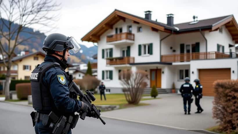 Agent de la Kantonspolizei Thurgau devant un immeuble résidentiel à Frauenfeld lors d'une intervention
