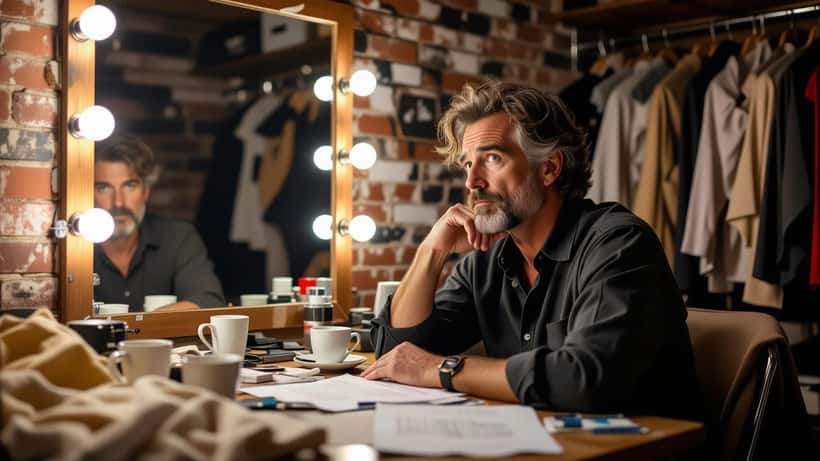 Acteur dans sa loge de théâtre, regardant un script sous les lumières de maquillage