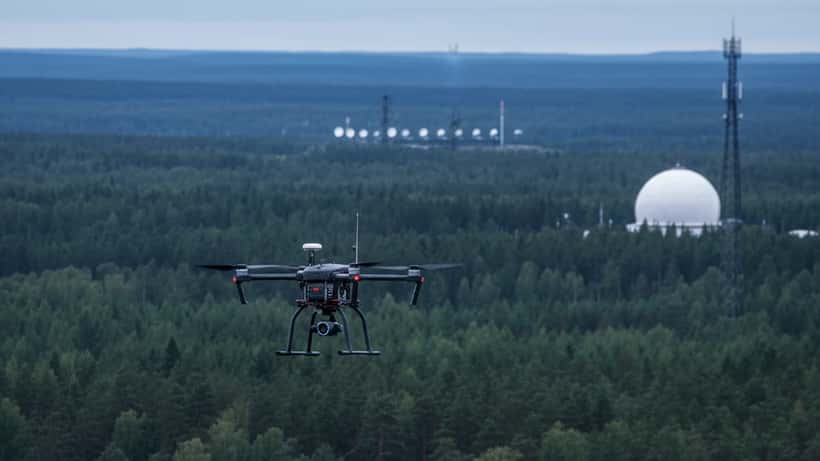Kommersiell drönare flyger över svensk skogslandskap nära finska gränsen, GPS-störning 2026