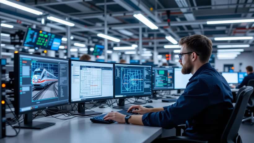IT-Techniker arbeitet an Server-Racks in einer deutschen Zugleitstelle