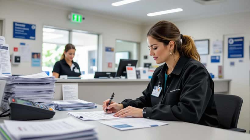 Patient signing a Medicare bulk billing consent form at an Australian GP clinic reception desk