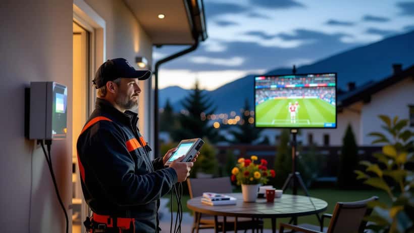 Elektriker prüft Außensteckdose auf einer Terrasse mit Beamer-Leinwand für das WM-Halbfinale in Österreich