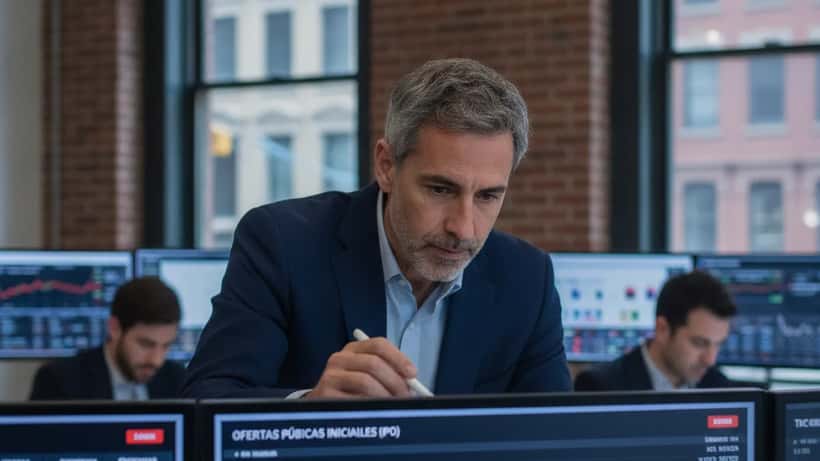 Inversor hispanohablante revisando pantallas de trading con cotizaciones de IPO en Nueva York