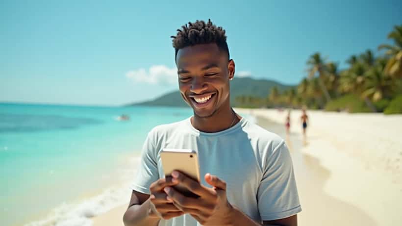 Jeune homme souriant avec son téléphone sur une plage des Caraïbes