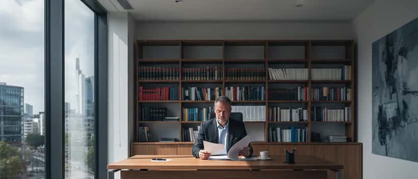 Rechtsanwalt am Schreibtisch prüft Haftungsunterlagen nach einem Sportunfall