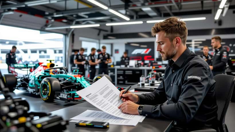 Professionnel révisant un contrat d'emploi dans un garage de Formule 1 à Montréal